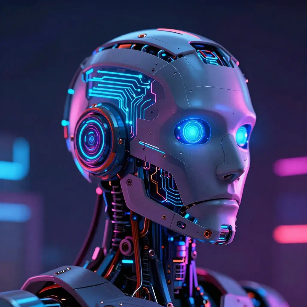 Cabeza de robot futurista con circuitos neón